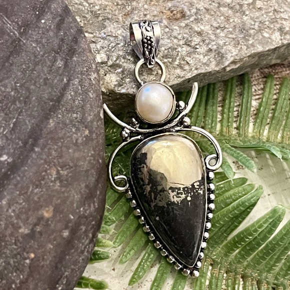 Hand Crafted Jewelry - Apache Pyrite & Natural Pearl Sterling Silver Gemstone 2.5” Pendant